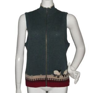 WOOLRICH Sweater Vest, M, Sheep/Fence, Full Zipper, Lambswool